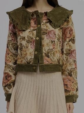 Jacqui E Floral Knit Bomber Jacket with Olive Corduroy Trim